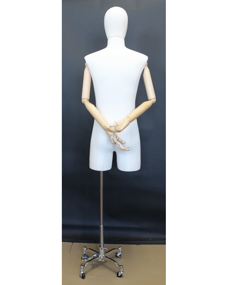 Off-white linen male 3/4 body dress form with wooden arms on chrome 4-wheel base, BFMH-2-DMB-CH