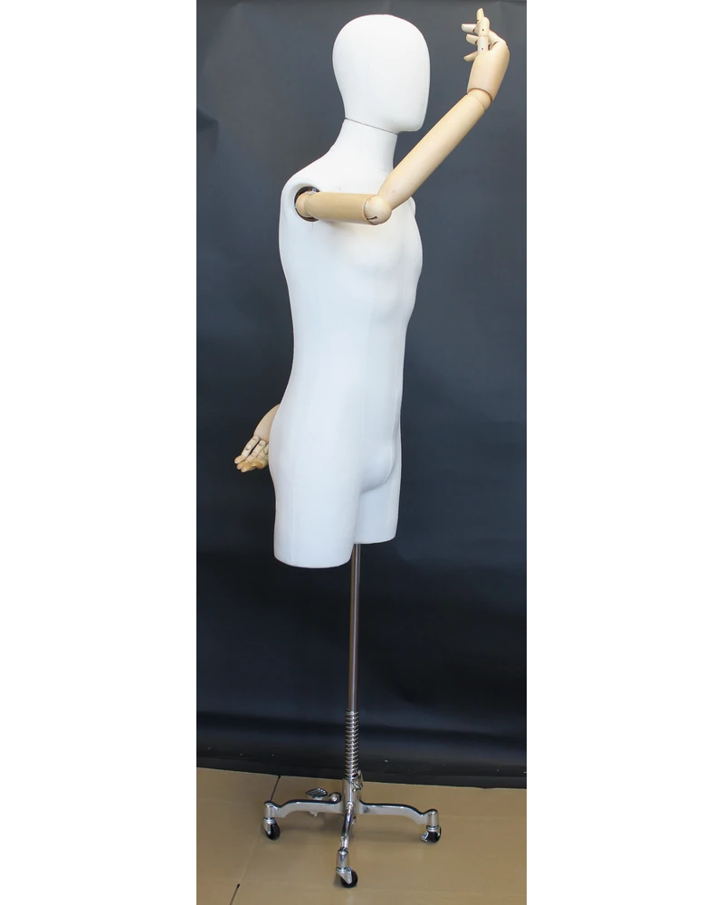 Off-white linen male 3/4 body dress form with wooden arms on chrome 4-wheel base, BFMH-2-DMB-CH