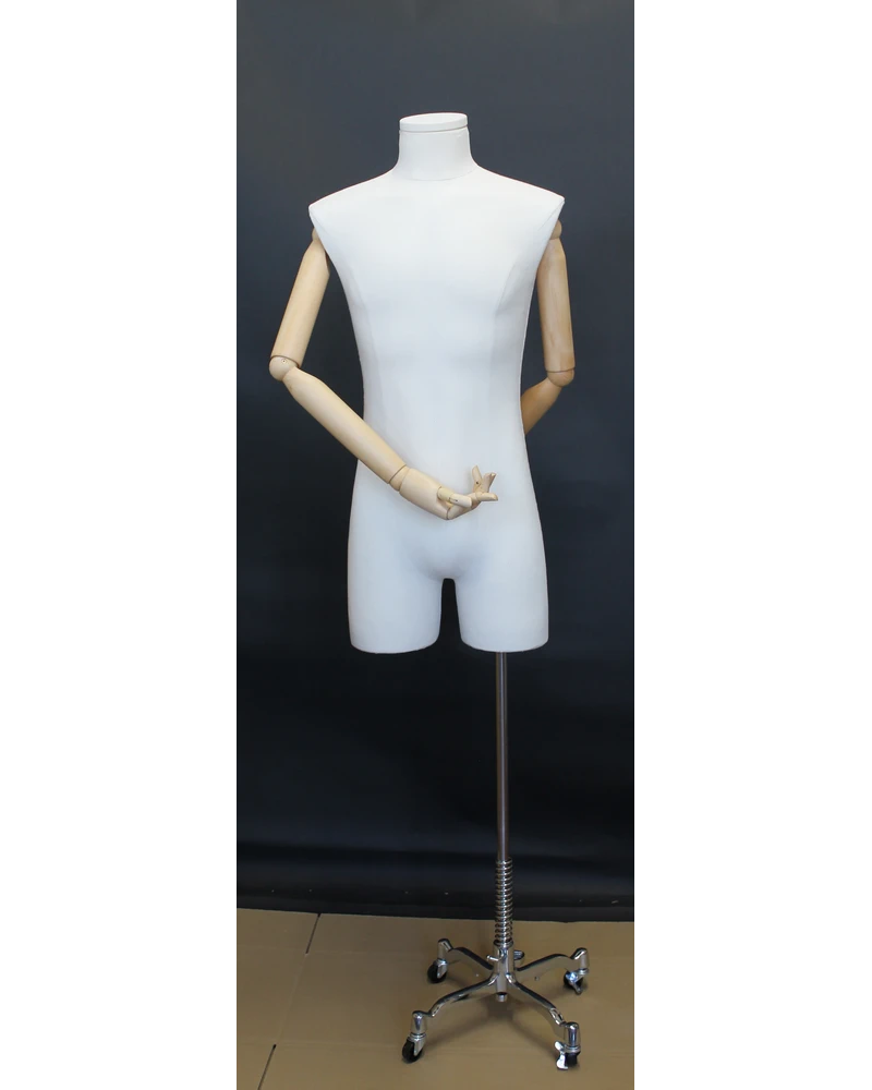 Off-white linen male 3/4 body dress form with wooden arms on chrome 4-wheel base, BFMH-2-DMB-CH