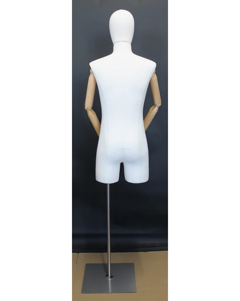 Off-white linen male 3/4 body dress form with wooden arms and flat floor base, BFMH-2-WM
