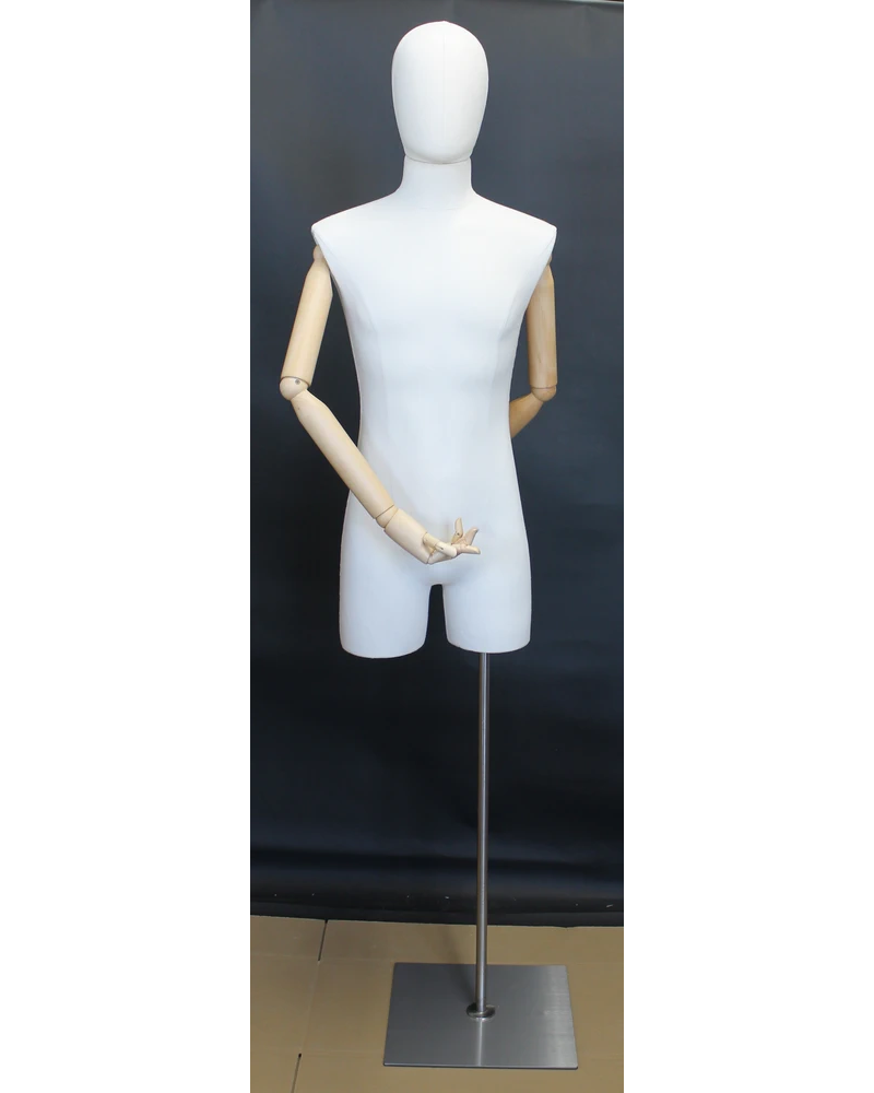 Off-white linen male 3/4 body dress form with wooden arms and flat floor base, BFMH-2-WM