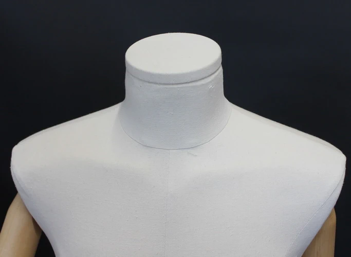 Off-white linen male 3/4 body dress form with wooden arms and flat floor base, BFMH-2-WM