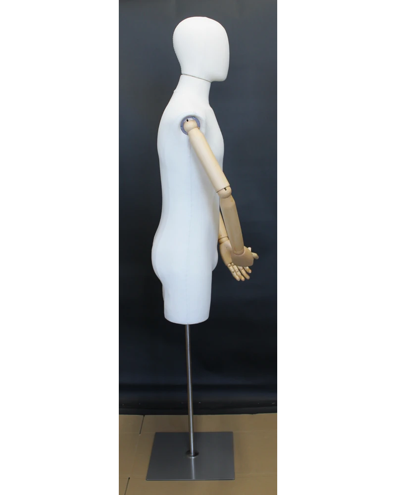 Off-white linen male 3/4 body dress form with wooden arms and flat floor base, BFMH-2-WM