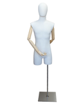 Off-white linen male 3/4 body dress form with wooden arms and flat floor base, BFMH-2-WM