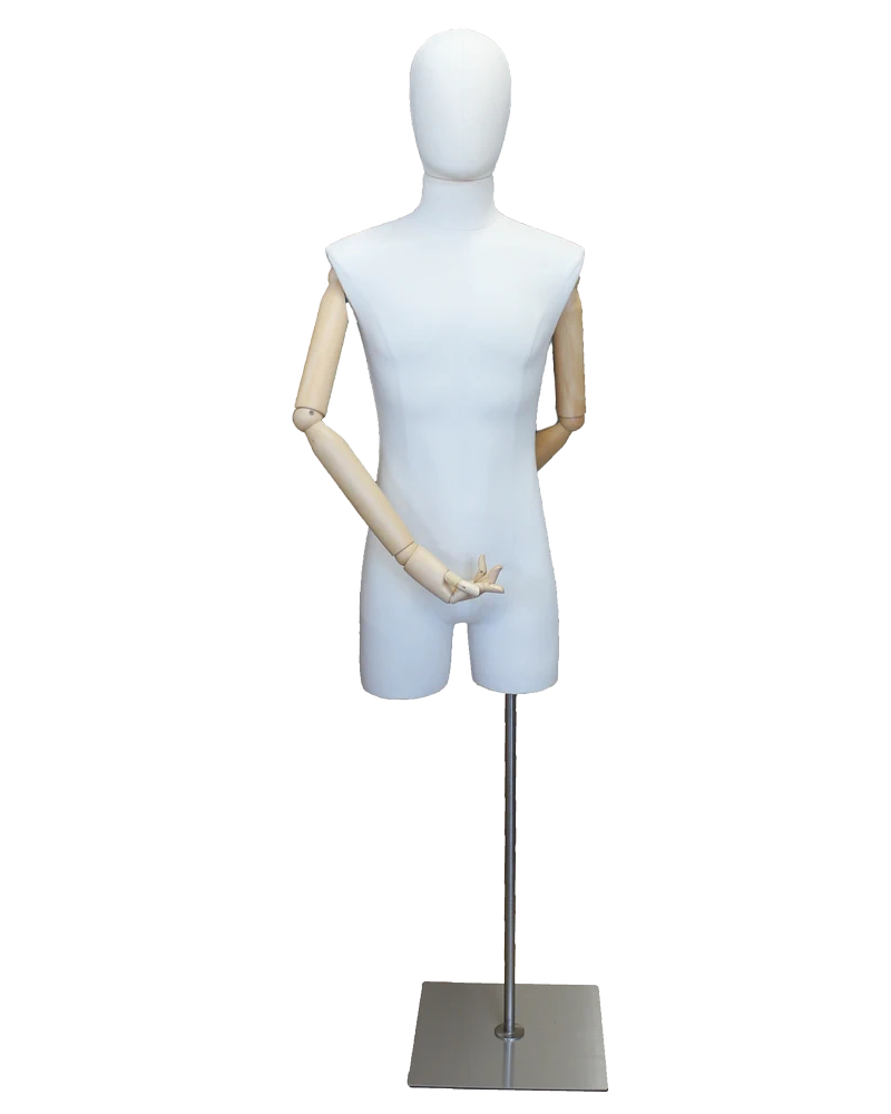 Off-white linen male 3/4 body dress form with wooden arms and flat floor base, BFMH-2-WM