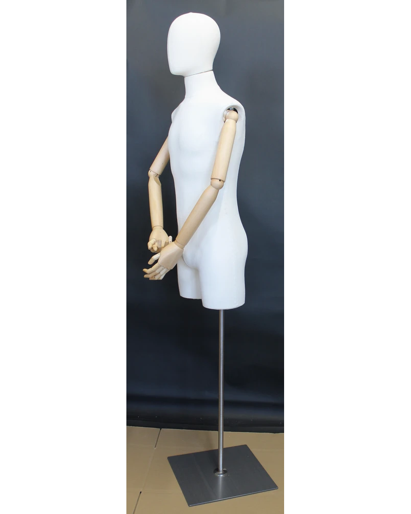 Off-white linen male 3/4 body dress form with wooden arms and flat floor base, BFMH-2-WM