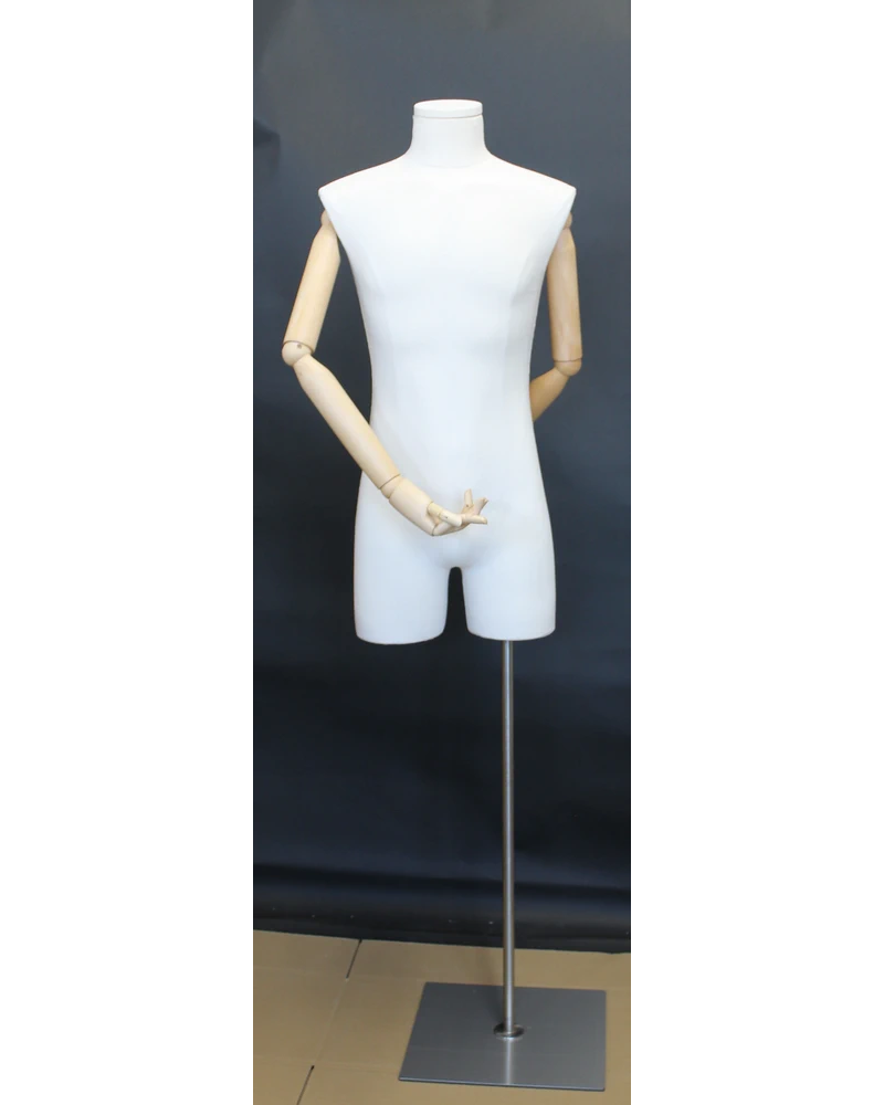 Off-white linen male 3/4 body dress form with wooden arms and flat floor base, BFMH-2-WM