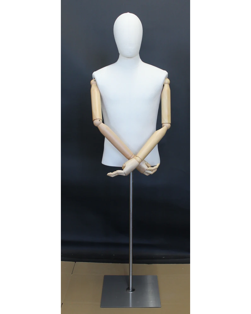 Size M male half body linen dress form with egg head, wooden arms and floor metal base