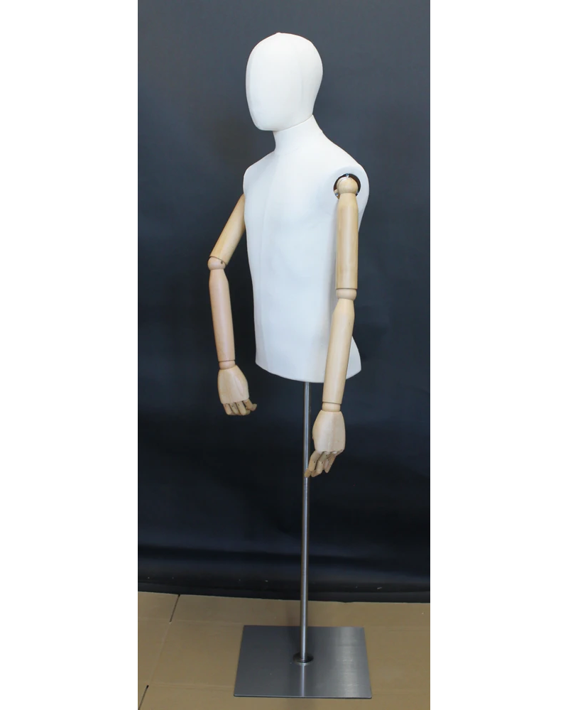 Size M male half body linen dress form with egg head, wooden arms and floor metal base
