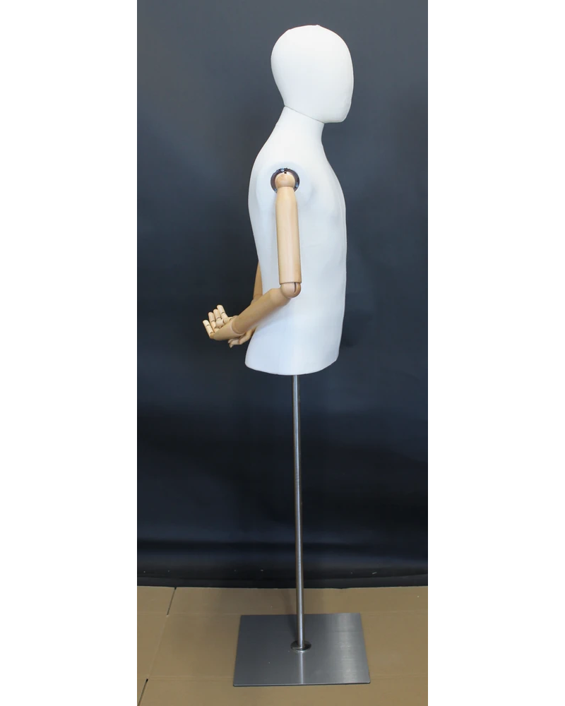Size M male half body linen dress form with egg head, wooden arms and floor metal base
