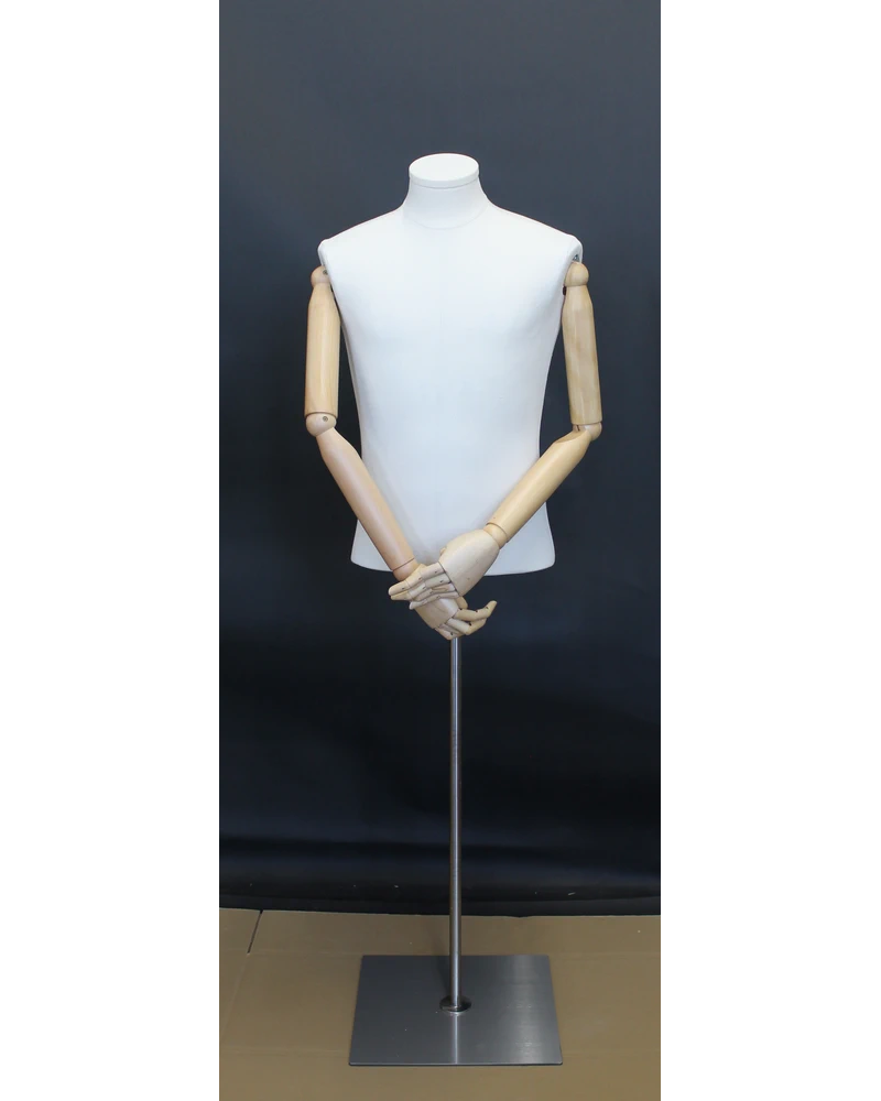 Size M male half body linen dress form with egg head, wooden arms and floor metal base