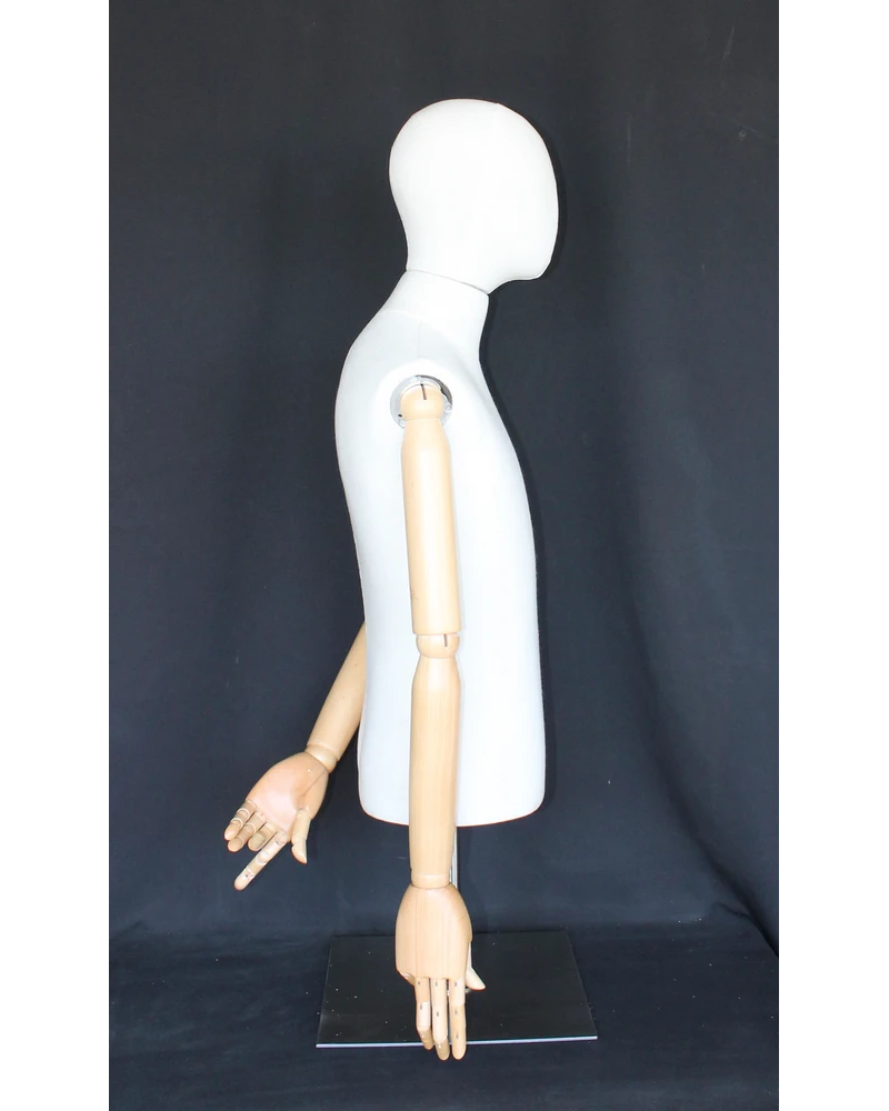 Size M male half body linen dress form with egg head, wooden arms and tabletop metal base