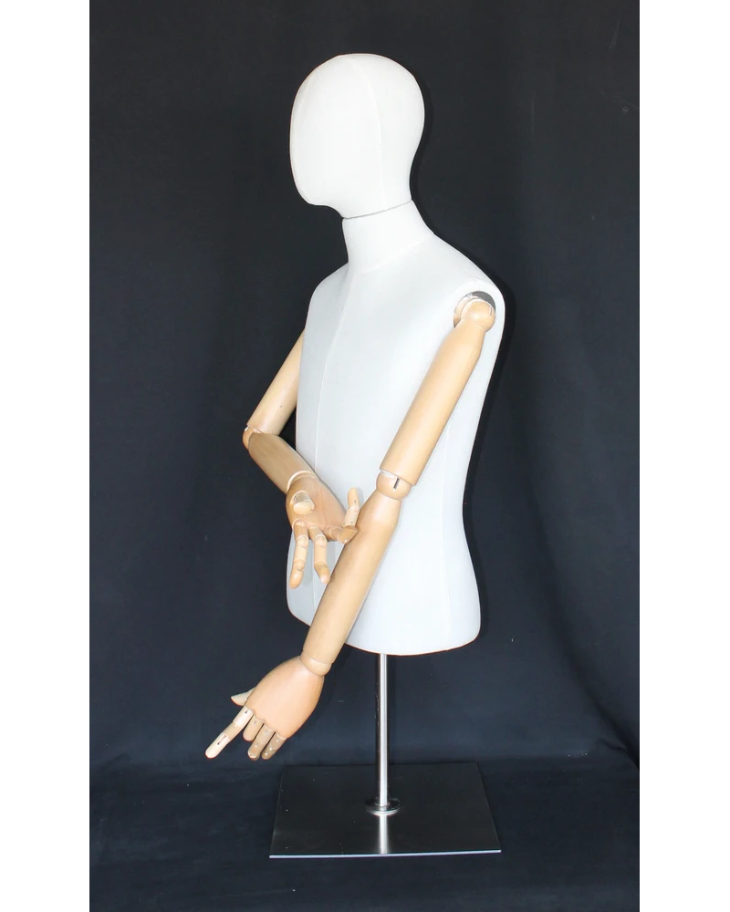 Size M male half body linen dress form with egg head, wooden arms and tabletop metal base