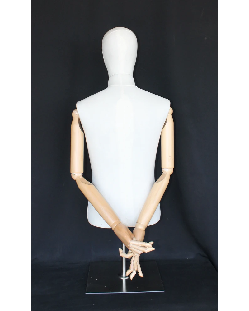 Size M male half body linen dress form with egg head, wooden arms and tabletop metal base