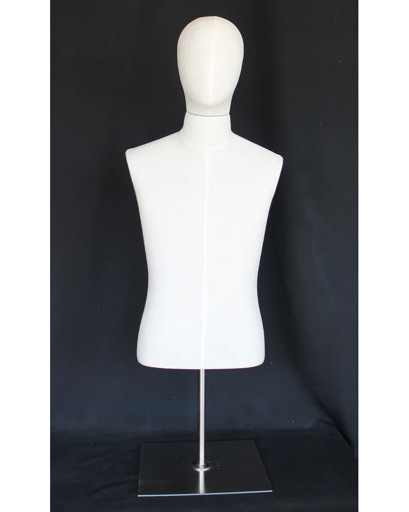 Size M male half body linen dress form with egg head, wooden arms and tabletop metal base