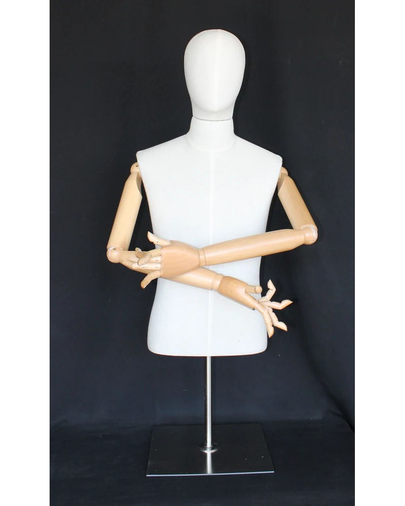 Size M male half body linen dress form with egg head, wooden arms and tabletop metal base