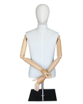 Size M male half body linen dress form with egg head, wooden arms and tabletop metal base
