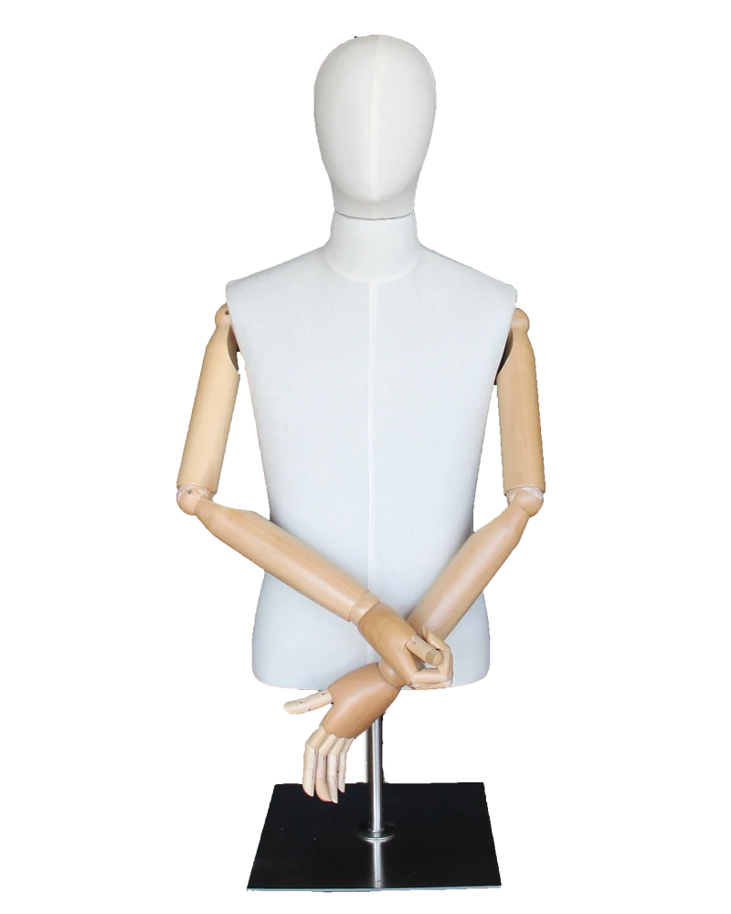 Size M male half body linen dress form with egg head, wooden arms and tabletop metal base
