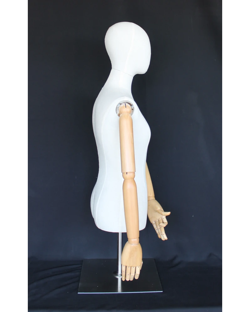 Size 4 female half body linen dress form with egg head, wooden arms and tabletop metal base
