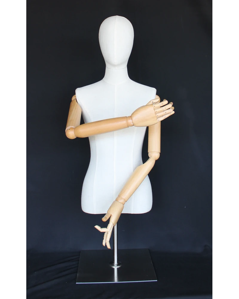 Size 4 female half body linen dress form with egg head, wooden arms and tabletop metal base