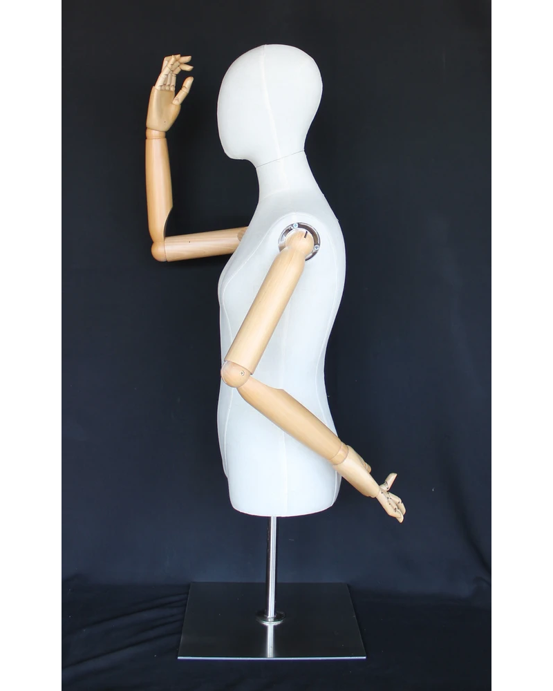Size 4 female half body linen dress form with egg head, wooden arms and tabletop metal base
