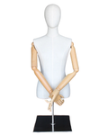Size 4 female half body linen dress form with egg head, wooden arms and tabletop metal base