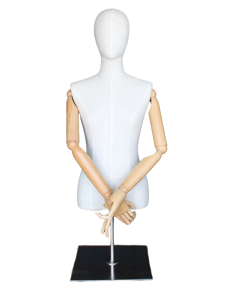 Size 4 female half body linen dress form with egg head, wooden arms and tabletop metal base