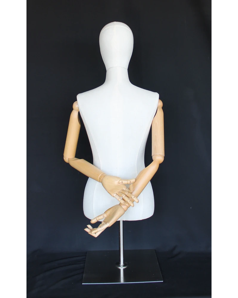 Size 4 female half body linen dress form with egg head, wooden arms and tabletop metal base