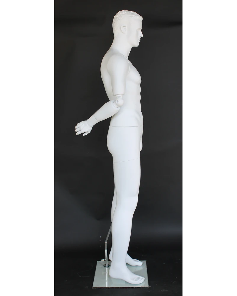 Featured-face male mannequin with bendable arms and molded hair in matte white, SFM20-WT