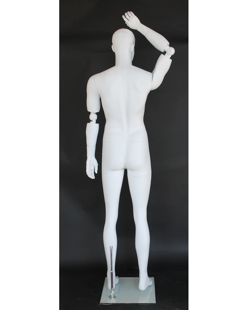 Featured-face male mannequin with bendable arms and molded hair in matte white, SFM20-WT
