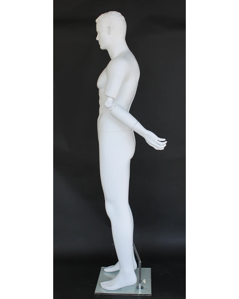 Featured-face male mannequin with bendable arms and molded hair in matte white, SFM20-WT