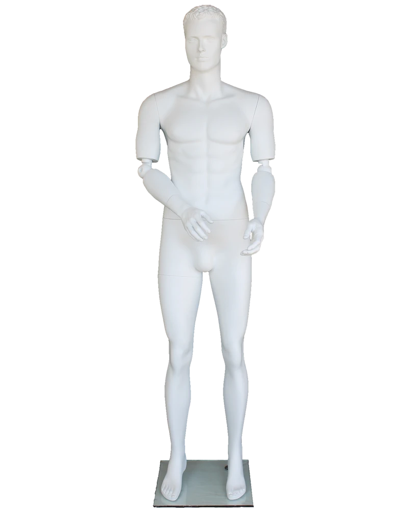 Featured-face male mannequin with bendable arms and molded hair in matte white, SFM20-WT