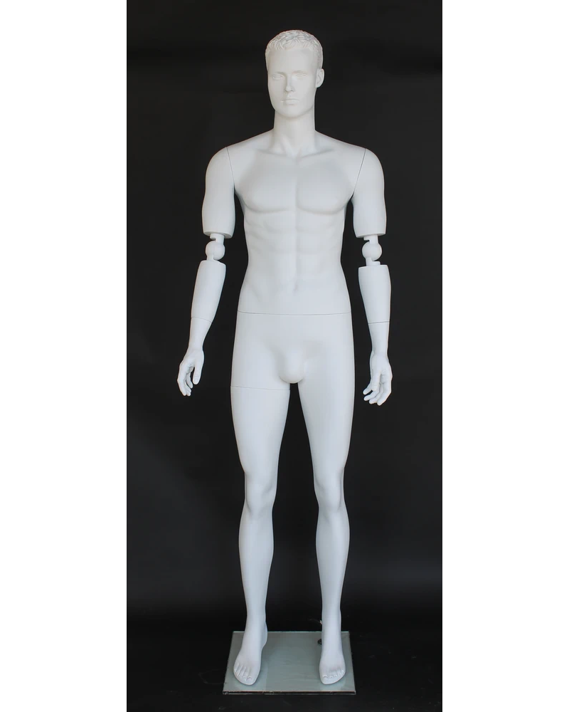 Featured-face male mannequin with bendable arms and molded hair in matte white, SFM20-WT