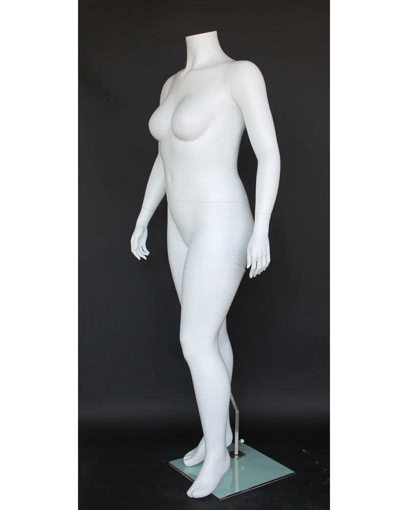 Arms-at-sides headless plus size female mannequin in matte white, size 18, PLUS-1