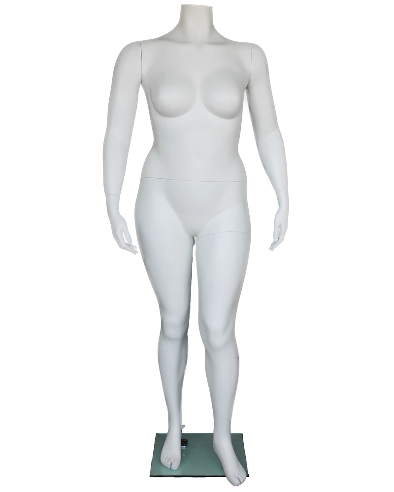Arms-at-sides headless plus size female mannequin in matte white, size 18, PLUS-1