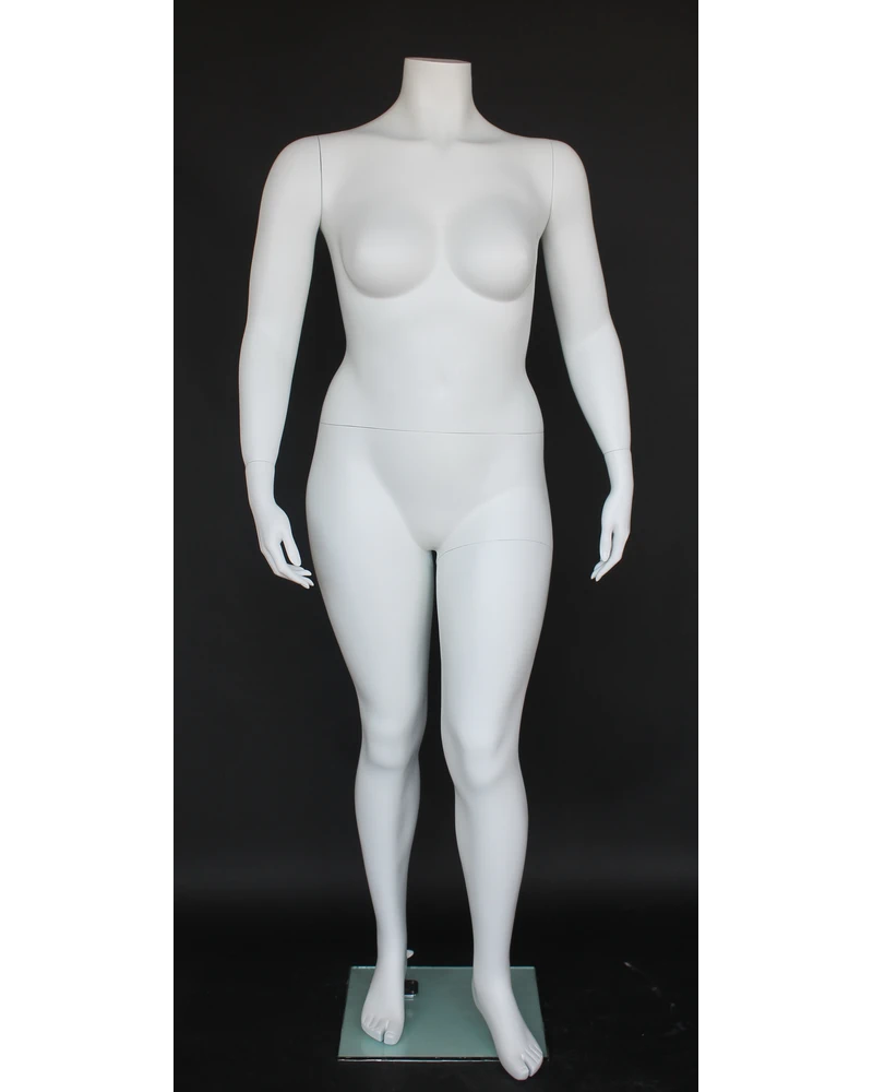 Arms-at-sides headless plus size female mannequin in matte white, size 18, PLUS-1