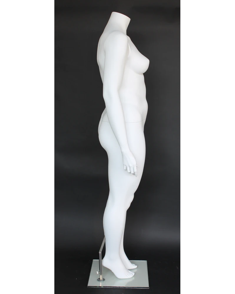 Headless plus size female mannequin with arms at sides in matte white