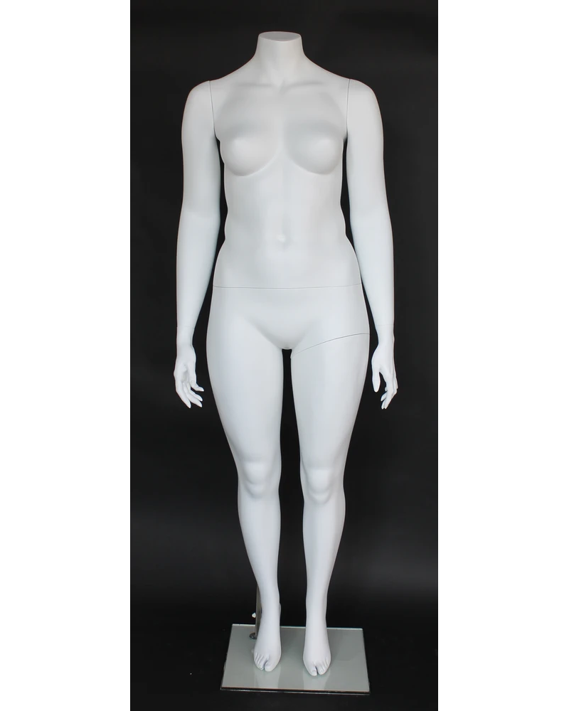 Headless plus size female mannequin with arms at sides in matte white