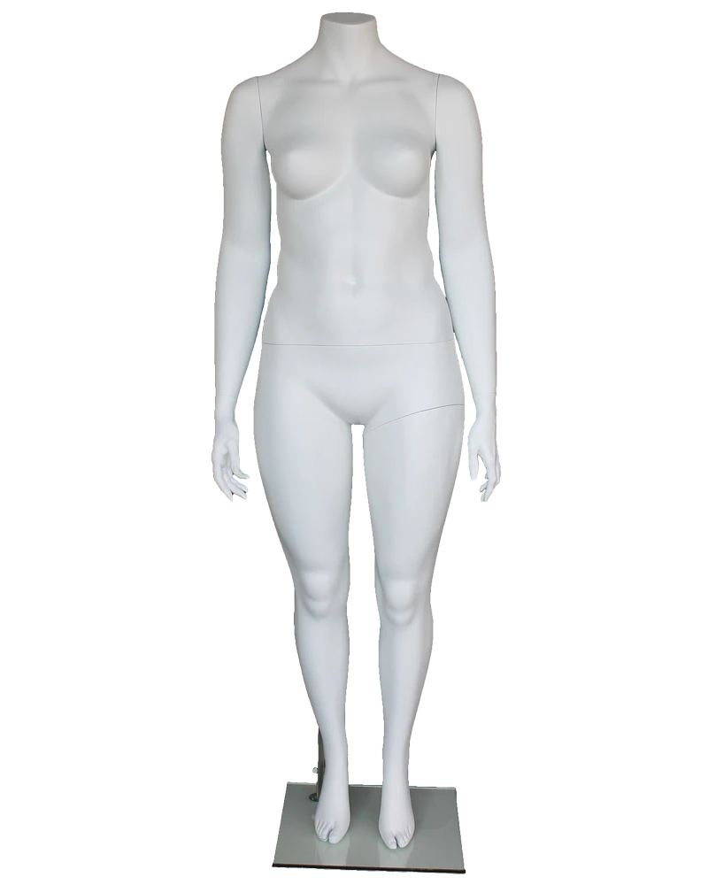 Headless plus size female mannequin with arms at sides in matte white