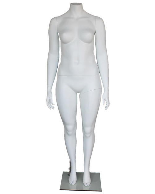 Headless plus size female mannequin with arms at sides in matte white