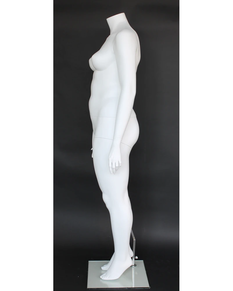 Headless plus size female mannequin with arms at sides in matte white