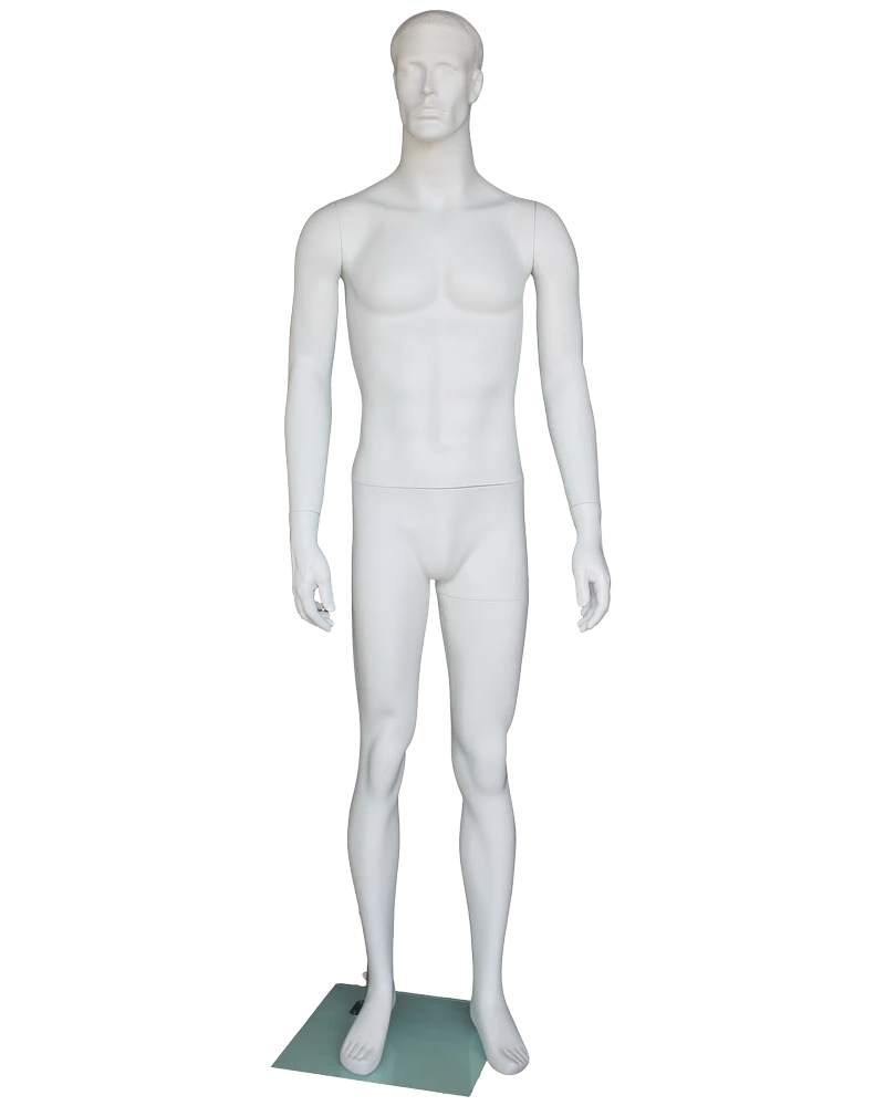 Small-size featured-face male mannequin with molded hair in matte white, SFM72-WT