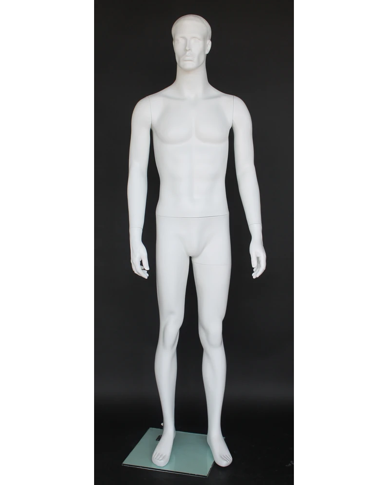 Small-size featured-face male mannequin with molded hair in matte white, SFM72-WT
