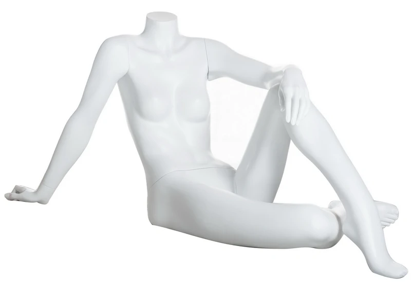 Reclining seated headless female mannequin in matte white