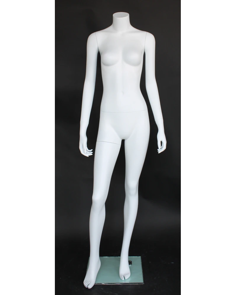 Right-leg-forward size 2 headless female mannequin in matte white, STW003-WT