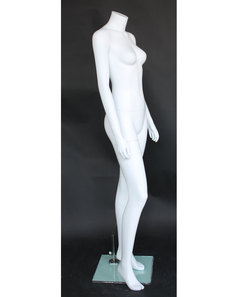 Right-leg-forward size 2 headless female mannequin in matte white, STW003-WT
