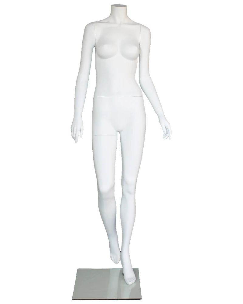 Walking pose headless female mannequin in matte white