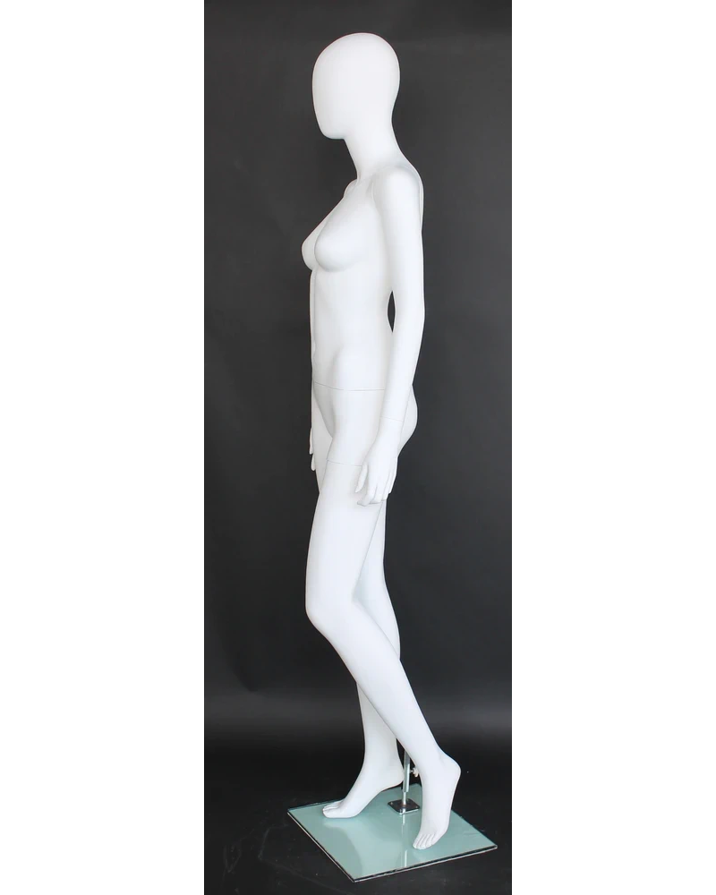 Bent-left-knee egghead female mannequin in matte white