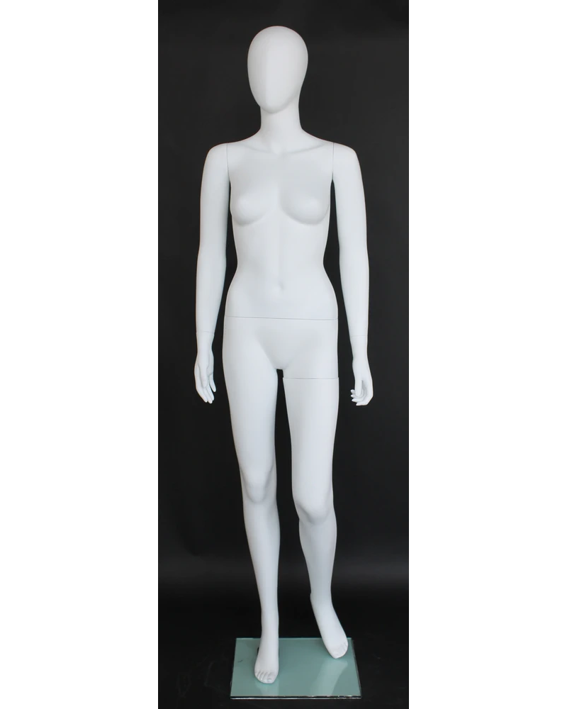 Bent-left-knee egghead female mannequin in matte white