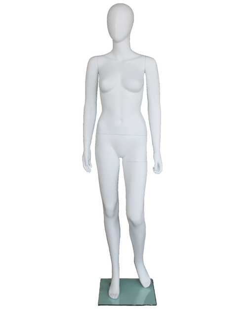 Bent-left-knee egghead female mannequin in matte white, front view